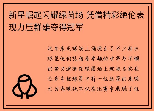 新星崛起闪耀绿茵场 凭借精彩绝伦表现力压群雄夺得冠军