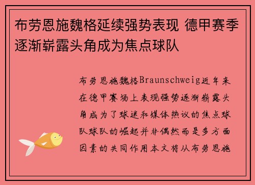 布劳恩施魏格延续强势表现 德甲赛季逐渐崭露头角成为焦点球队 布劳恩施魏格延续强势表现 德甲赛季逐渐崭露头角成为焦点球队